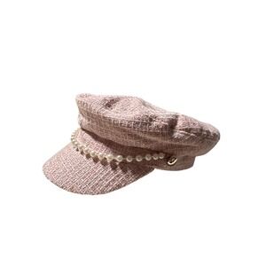 S&L Tweed Newsboy Cap Pink Pearl Chain Baker Boy Hat Womens Chic Classy Beige